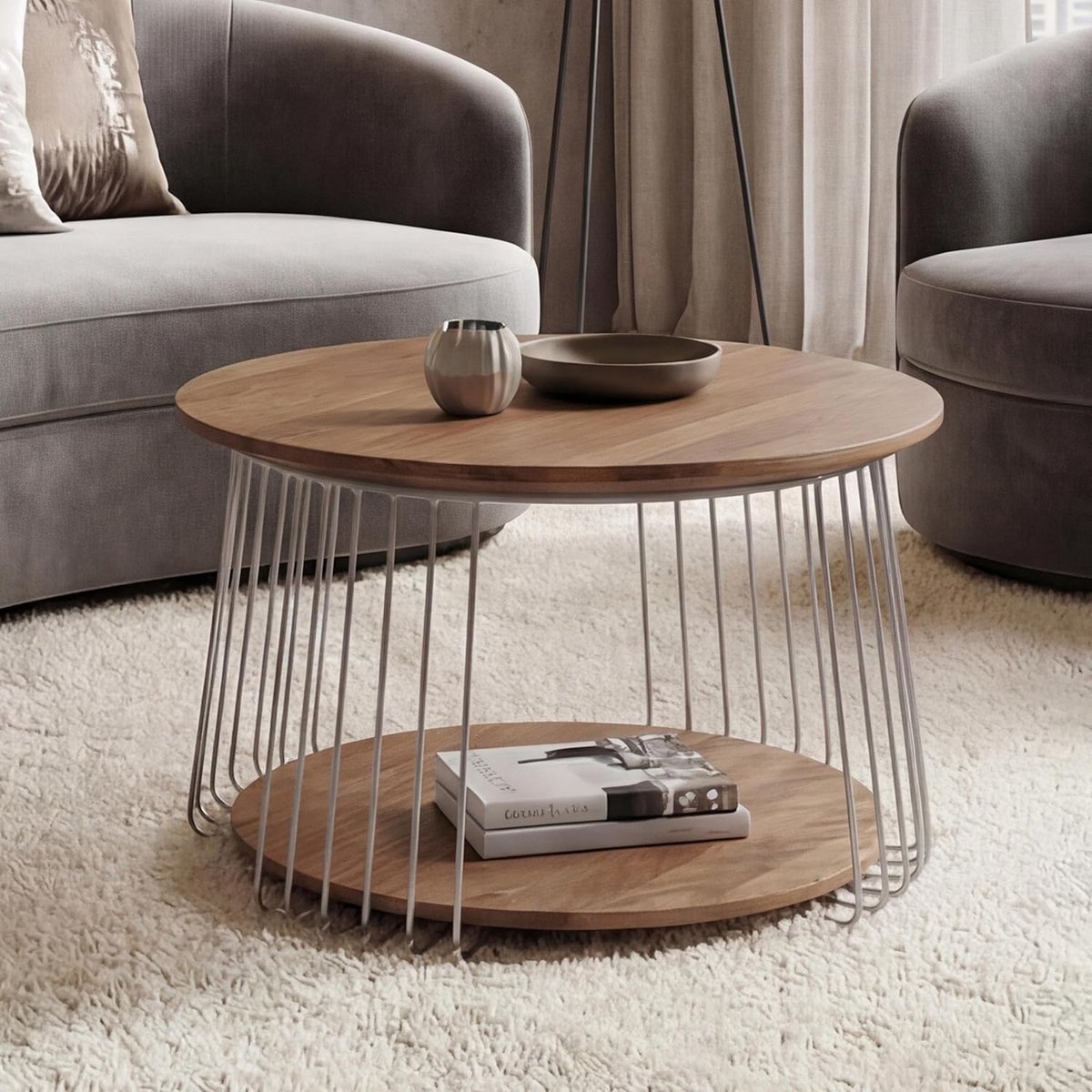 Salontafel Rond Ø70 cm – Moderne Couchtisch met Extra Opbergplank – Metalen Frame & MDF Tafelblad – Woonkamer & Loungetafel – Bruin – 70 x 70 x 44 cm – Pauwhome