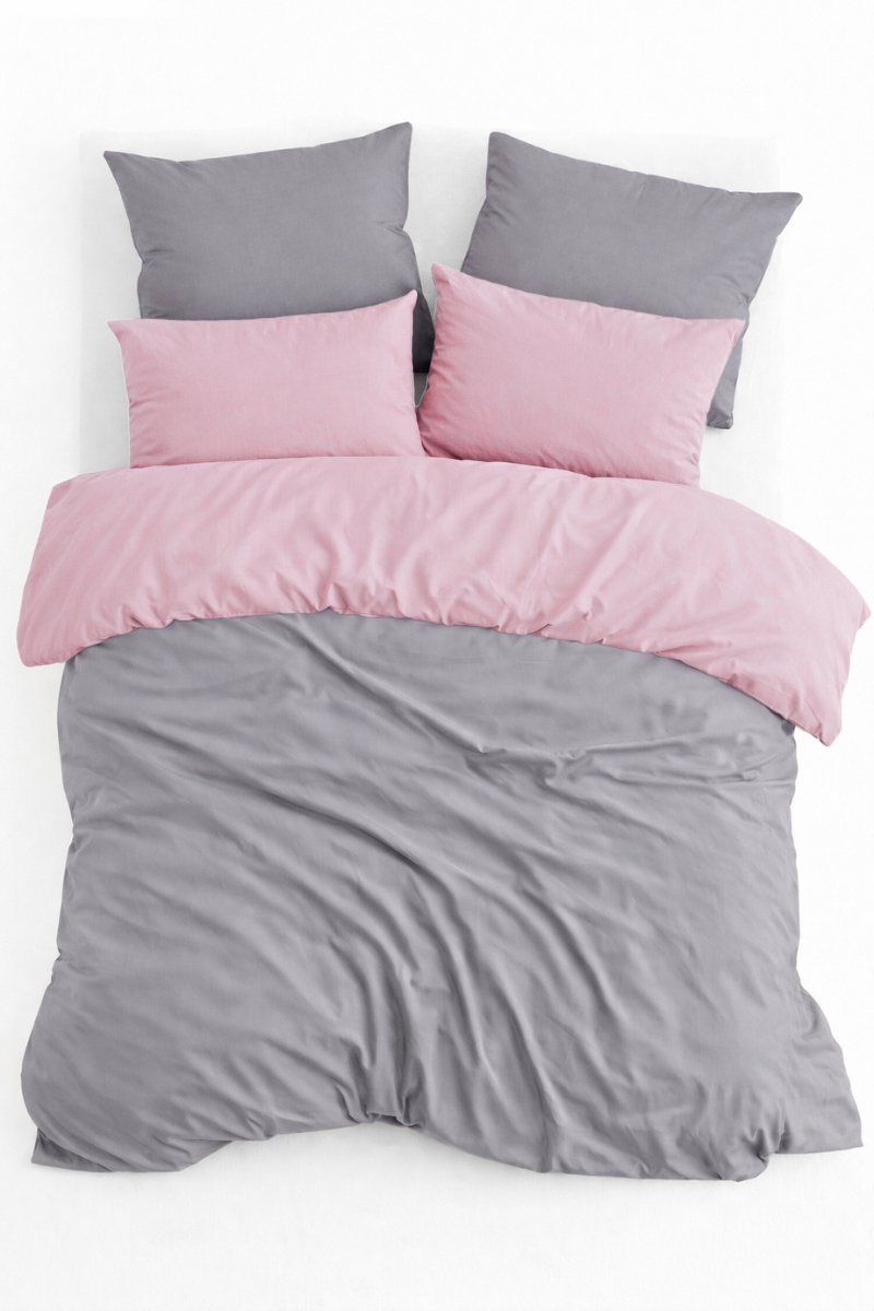 Dekbedovertrek, Dubbelzijdig, 100% Renforcé Katoen, Eenpersoons, 160x220 cm, Inclusief Kussensloop 60x70 cm, Grijs/Roze, Omkeerbaar, Dekbedovertrekset, Zacht & Ademend, Dekbedovertrekken, De Linde Home