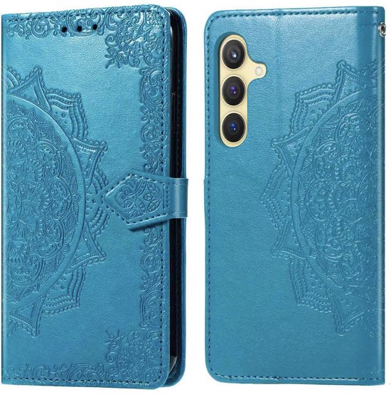 Étui de téléphone bleu avec relief de mandala, ouvert pour montrer le téléphone.