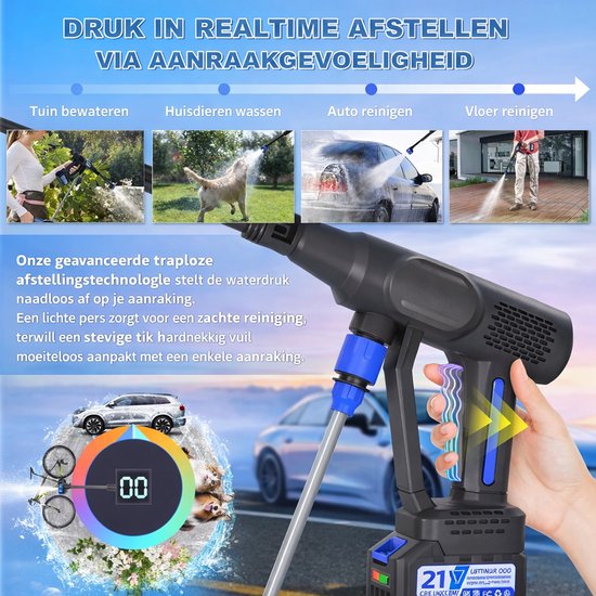 Mobiele Hogedrukreiniger met 2 Accu’s - Draagbare Hogedrukreiniger - Direct Aansluitbaar op Kraan - Accu Hogedrukspuit voor Auto en Balkon - Hogedrukreiniger met 6 in 1 Spuitmond - Draadloze Waterreiniger met Accessoires - Hogedrukreiniger Accu — afbeelding 4