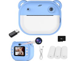 Kids Print Camera - Pocket printers - Mini cameraprinter - 1080P - Klik om foto's af te drukken - 64GB SD Kaart & Kaartlezer - Inktloos printen via Bluetooth in HD-kwaliteit - Compatibel met Android- en iOS-apps - Blauw