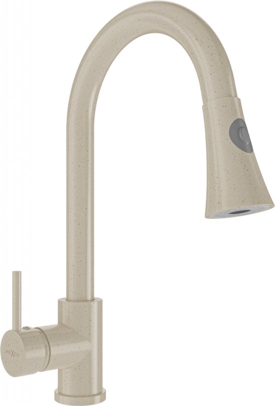 Beige keukenkraan met sprenkelpatroon, hoge gebogen uitloop en grijze knop op de sproeikop.