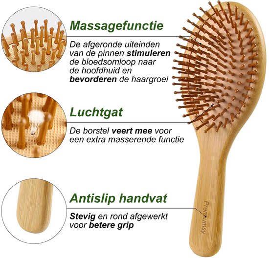 Bamboe haarborstel met massagefunctie, luchtopening en antislip handvat.