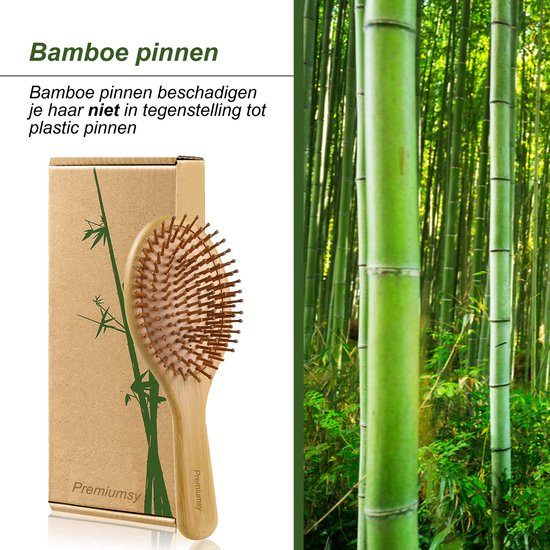 Bamboe haarborstel met bamboe pinnen, naast een bamboebos.