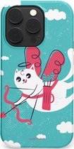 Turquoise hoesje met een witte kat als cupido met rode vleugels, boog en pijl, omringd door wolken.