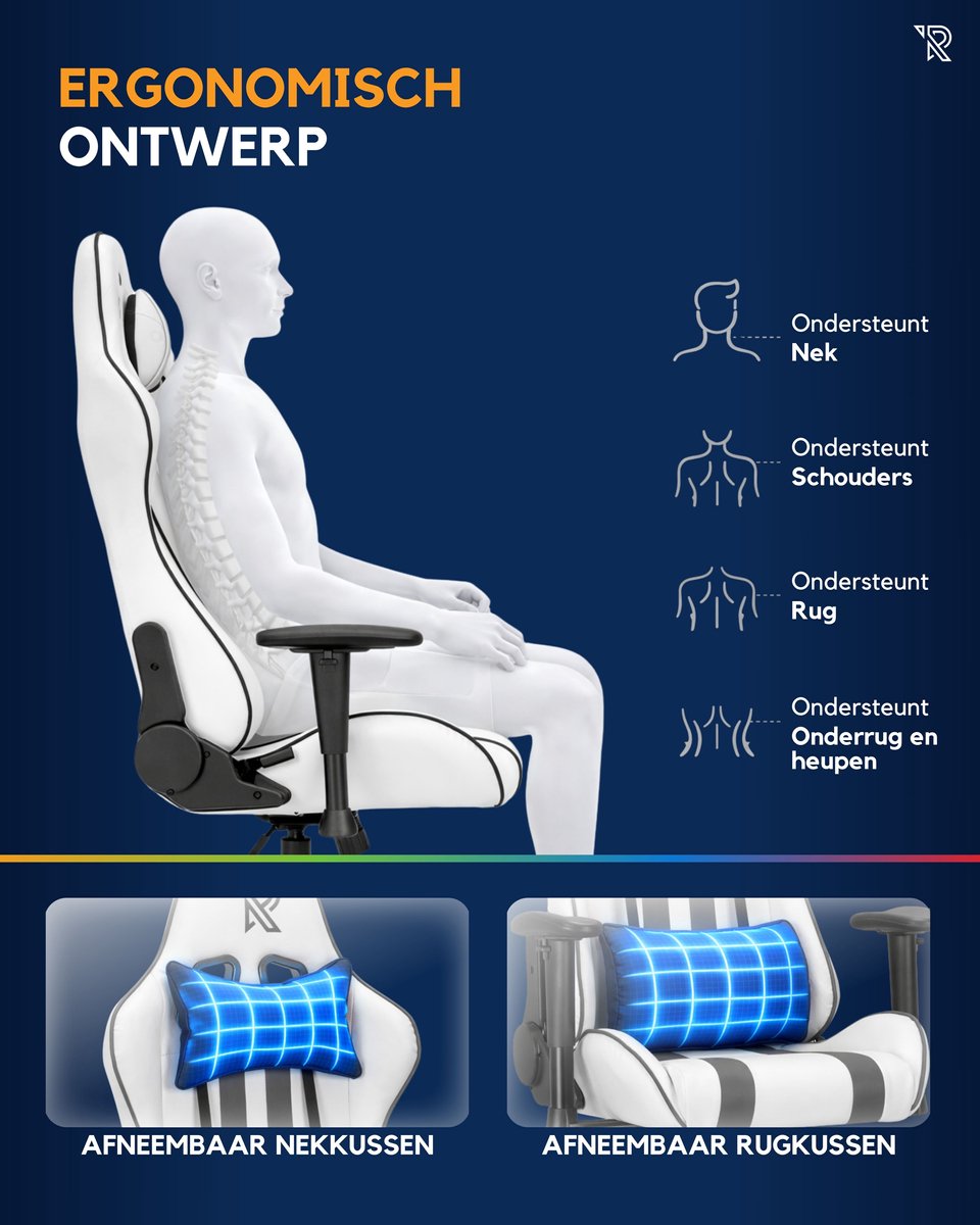 Ranqer Felix Gamestoel Ergonomisch Wit/Grijs Verstelbaar - afbeelding 2