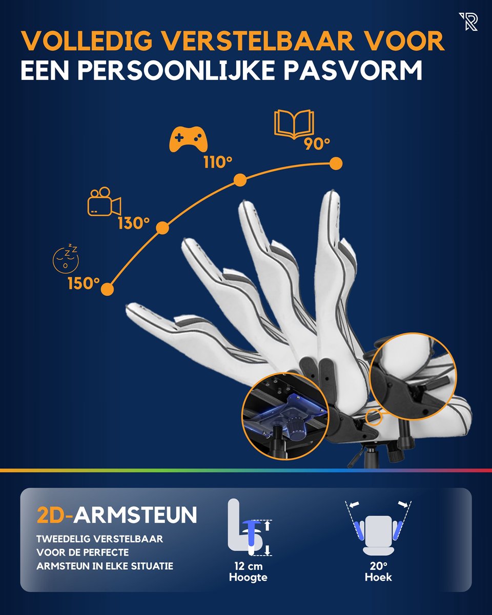 Ranqer Felix Gamestoel Ergonomisch Wit/Grijs Verstelbaar - afbeelding 3