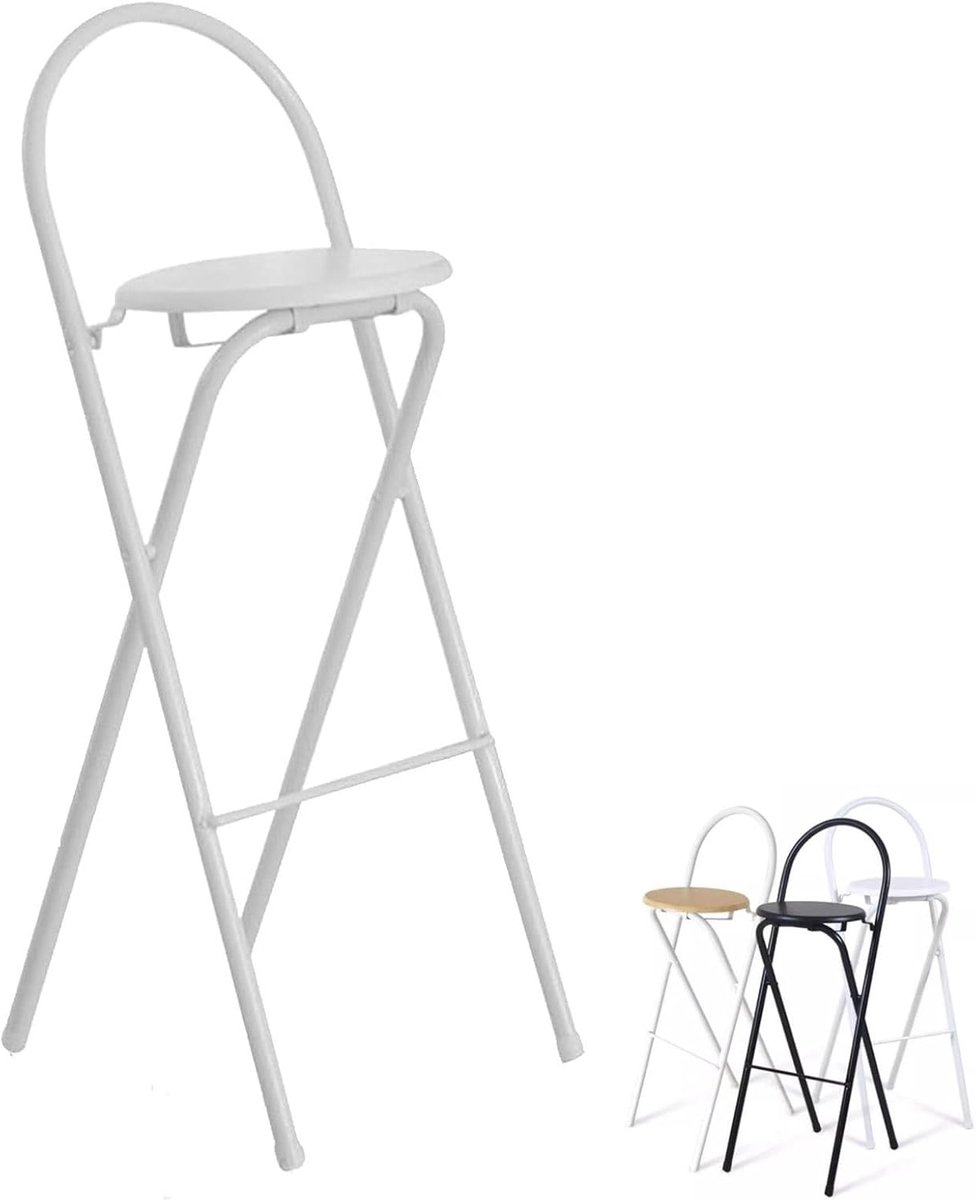 Inklapbare barkruk - Houten zitkruk - Ontbijthoek keuken - Met rugleuning - 70 cm hoog - Wit