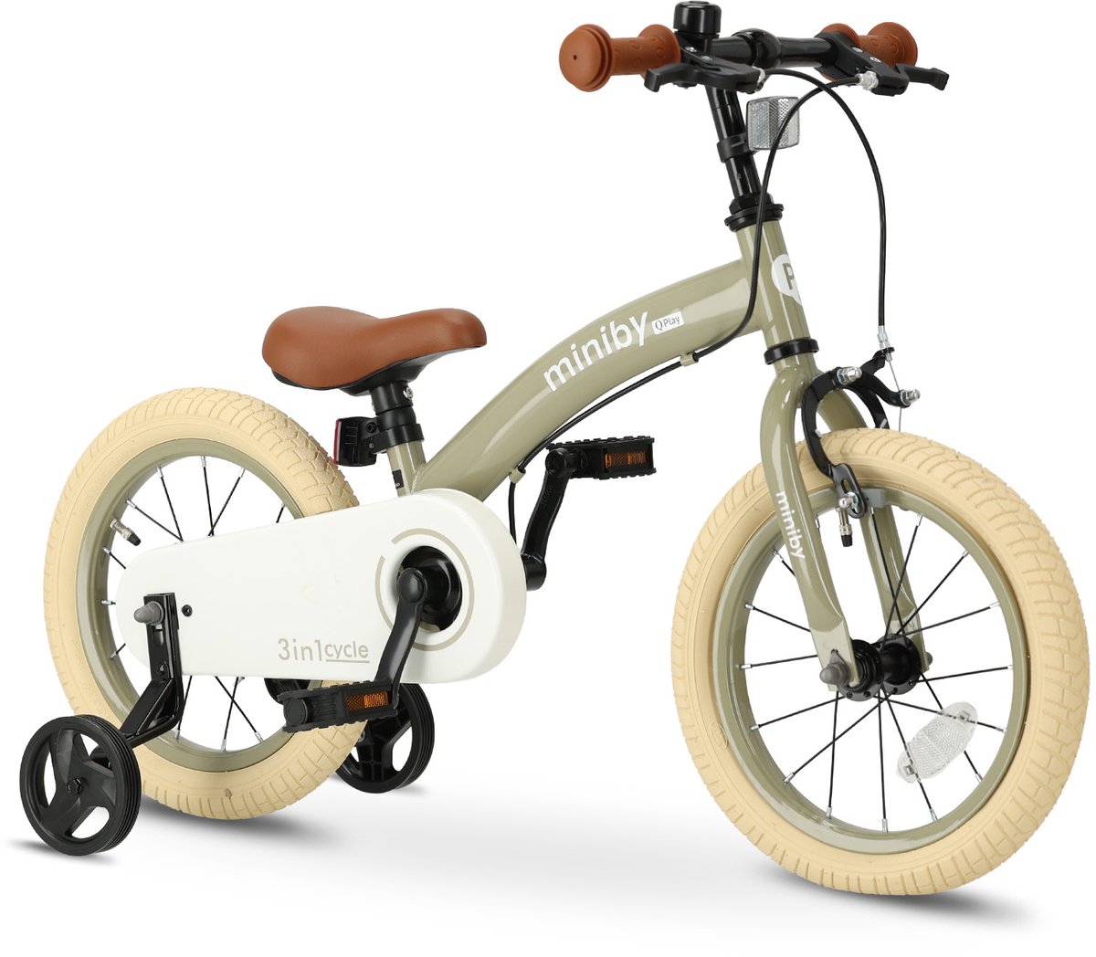 Qplay Miniby Luxe Kinderfiets 14 inch - 3 in 1 Loopfiets - Olijfgroen