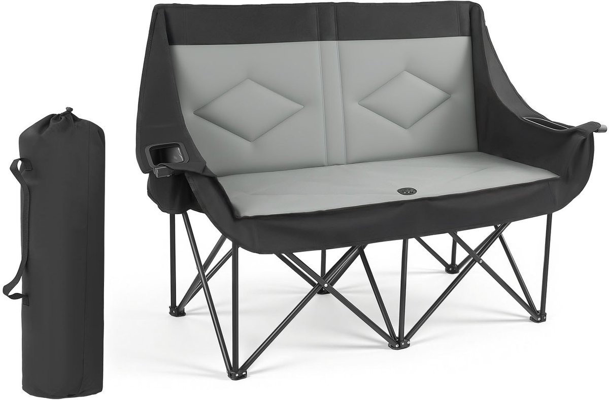 Tweepersoons campingstoel - Dubbele opvouwbare camping- en visstoel - Draagvermogen 300 kg - Twee beker- en wijnglashouders - Tijdschriftenvak - Met draagtas - Buiten & vissen