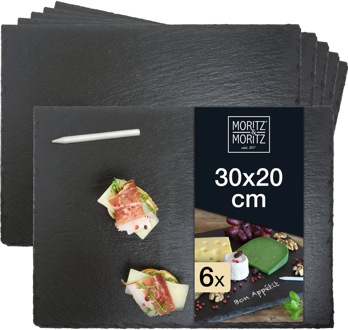 Moritz & Moritz 6x Leisteen Serveerschaal 20x30 cm met Krijtstift - Leisteenplaten voor het buffet, sushi en kaas - Perfect om gerechten op te schikken en als decoratie