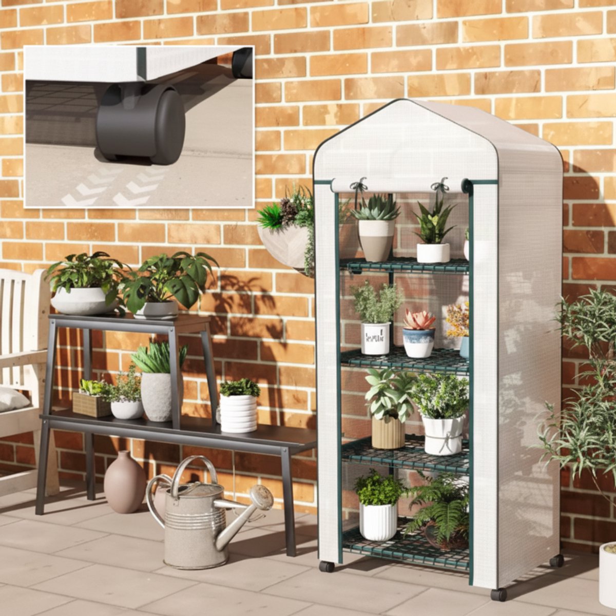 Mini Kas met 4 Planken & Wieltjes – Compacte Plantenserre voor Tuin & Balkon (69x50x165 cm)