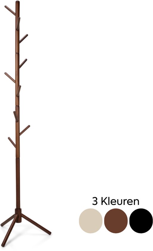 Bruine staande kapstok met 9 haken, 180 cm hoog. Verkrijgbaar in 3 kleuren: beige, bruin, zwart.