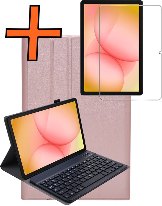 Rosé gouden tablet case met zwart QWERTY-toetsenbord en screenprotector, vormt een laptop.