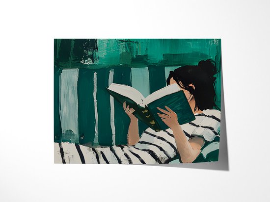 Lezende Vrouw Turquoise - Poster 70x50 cm Liggend Sfeervolle wanddecoratie voor woonkamer en slaapkamer - Premium papier - Zonder lijst
