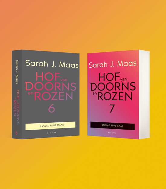 Twee boeken van Sarah J. Maas: "Hof van doorns en rozen 6" (grijs) en "Hof van doorns en rozen 7" (roze/paars).