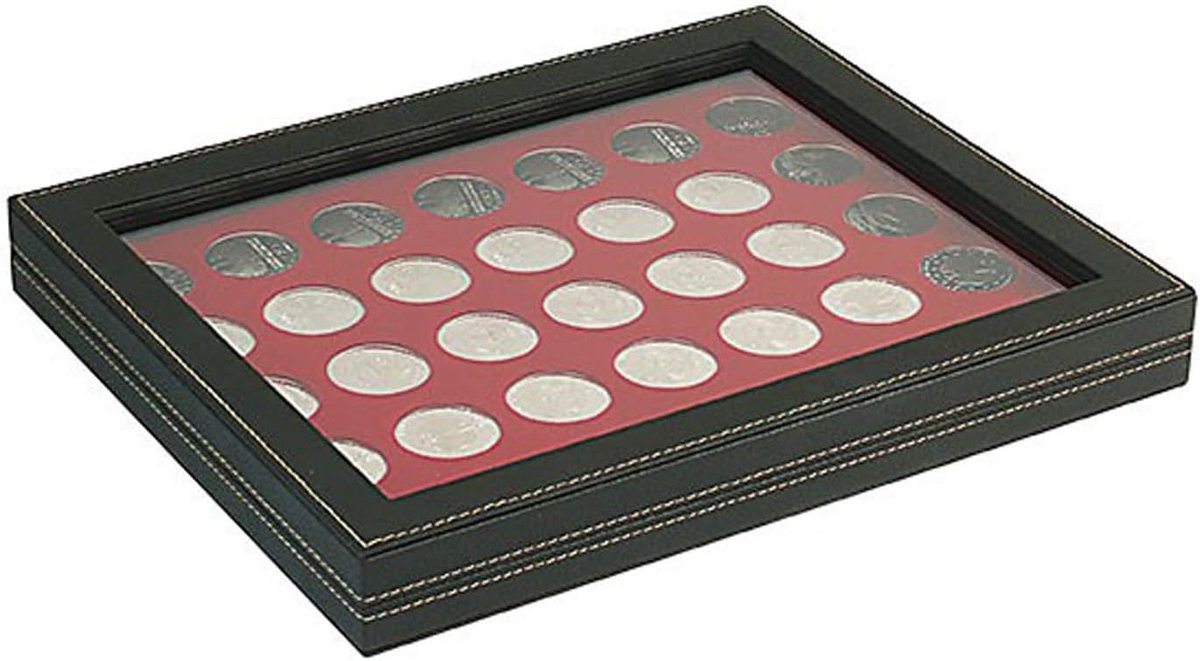 Muntendoos - Verzamelkoffer - Munten bewaren - 35 ronde vakken - 298x243x35 mm - Donkerrood