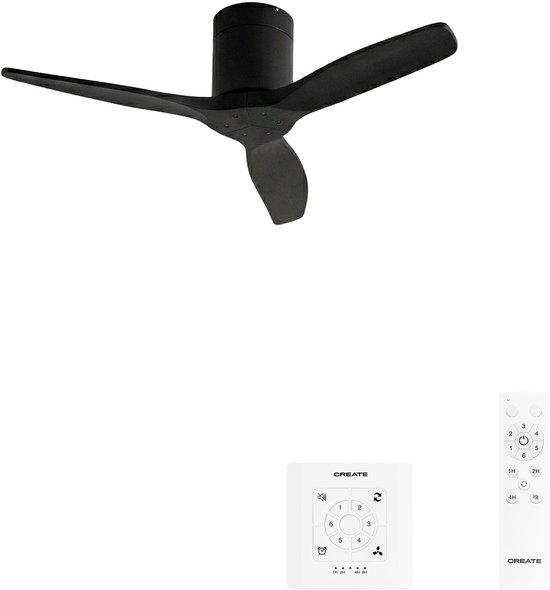 Stille 40W plafondventilator CREATE met technische ABS bladen, IP44, zomer-/winterfunctie, wandcontroller, zwart, Ø112 cm