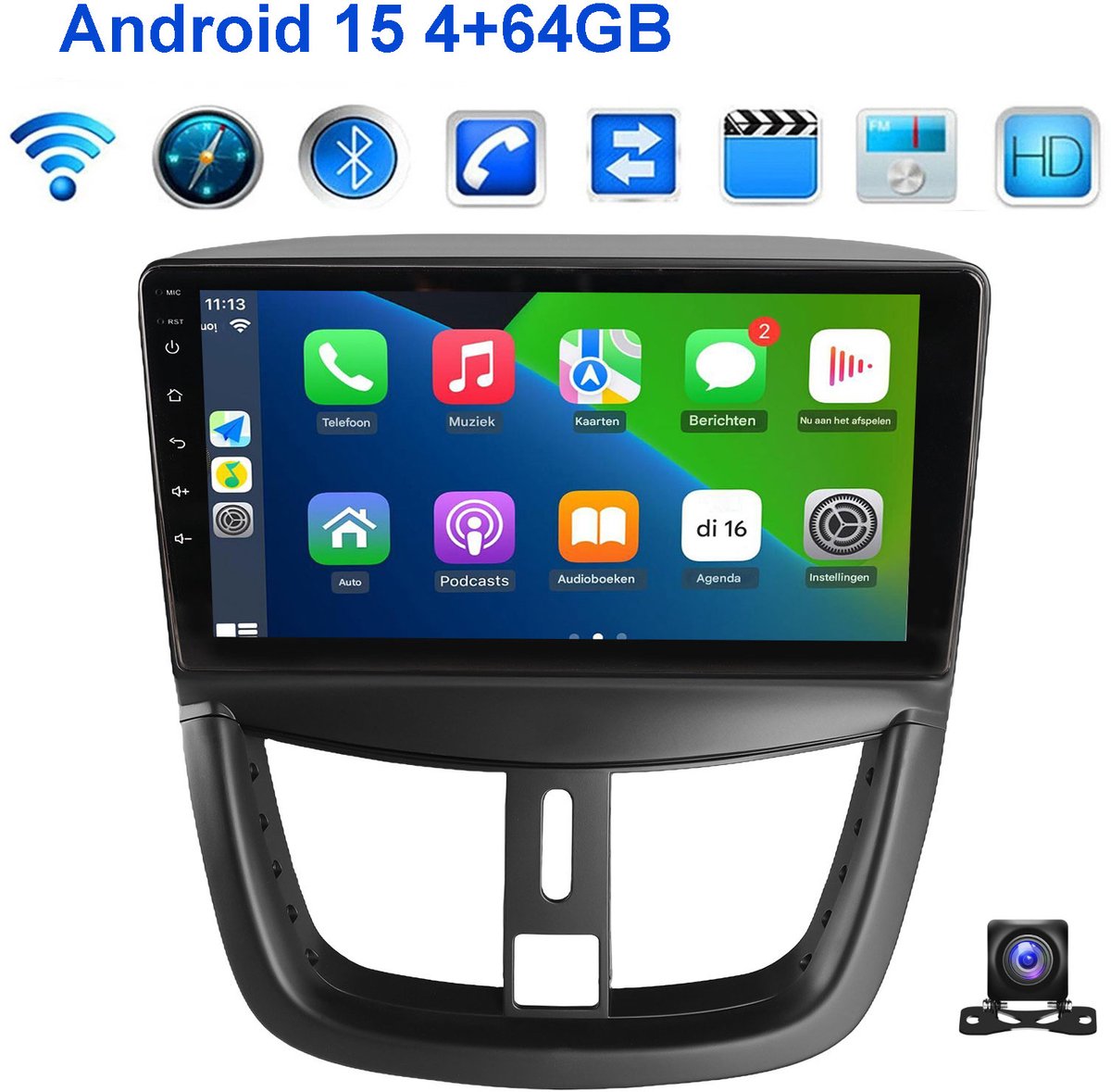 ESSGOO Autoradio Geschikt voor Peugeot 207 2006-2015 - Android 15 - 4 GB+64 GB - GPS-navigatie - Carplay en Android auto - 2005 2006 2007 2008 2009 2010 2011 2012 2013 2014 2015 - Bluetooth FM RDS Wifi - 2 DIN - Achteruitrijcamera