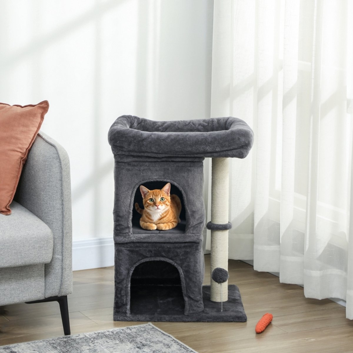 66 cm kleine krabpaal voor grote katten, krabpaal met groot zitplatform, 2 huisjes, sisal krabpaal, speelbal, donkergrijs – foto 5