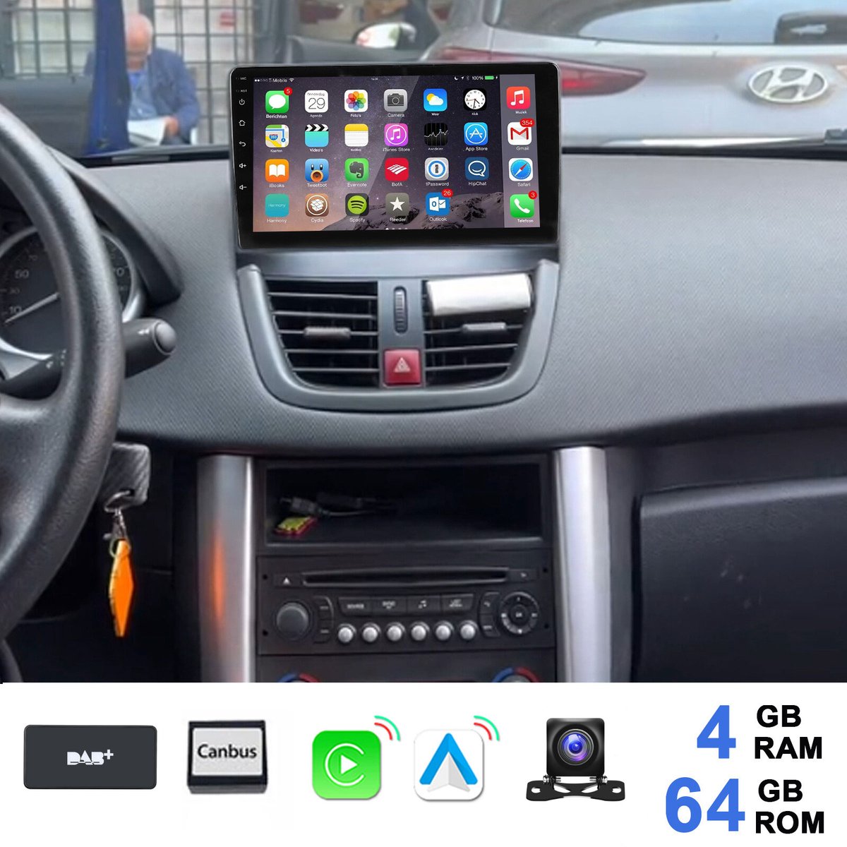 ESSGOO Autoradio Geschikt voor Peugeot 207 2006-2015 - Android 15 - 4 GB+64 GB - GPS-navigatie - Carplay en Android auto - 2005 2006 2007 2008 2009 2010 2011 2012 2013 2014 2015 - DAB+ Bluetooth FM RDS Wifi - 2 DIN - Achteruitrijcamera