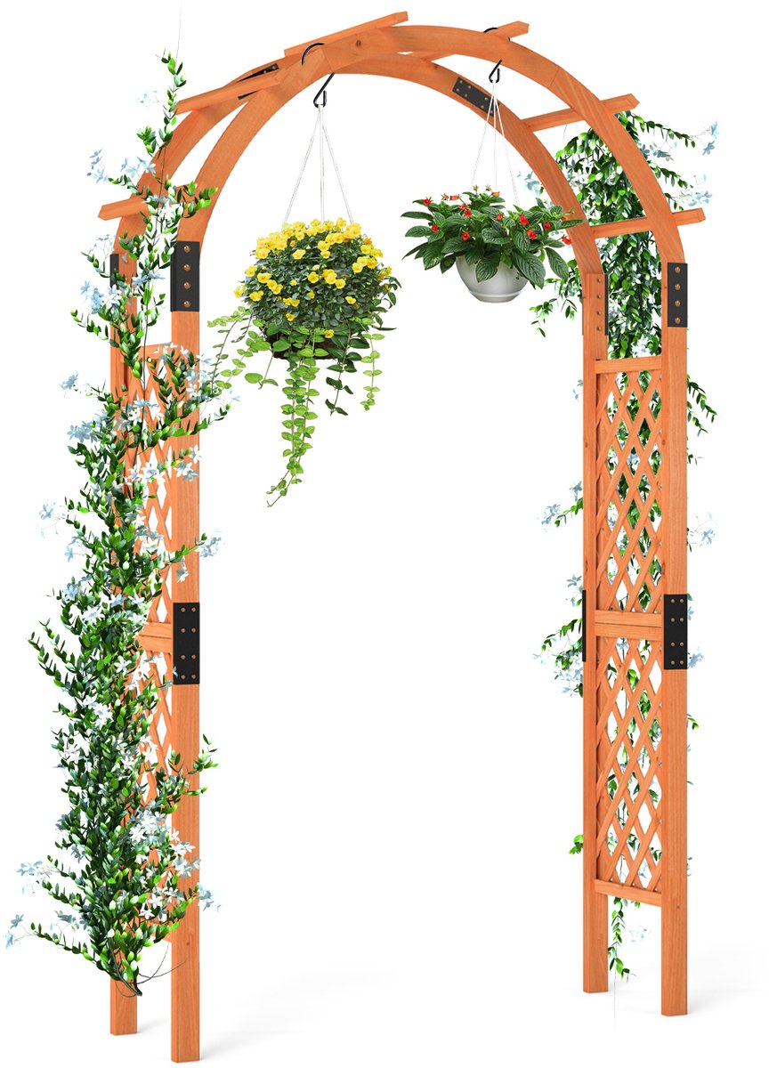 KOMFOTTEU Rozenboog van hout, 235 cm, tuinboog voor klimplanten, poortboog met boogdak en rankenrooster, rankenboog, pergola, bruiloftsboog voor tuin, terras