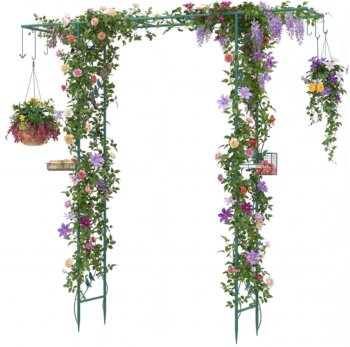 KOMFOTTEU Rozenboog - Tuinboog - Bloemenboog - metaal - met vogelvoederstation - poortboog met waterschaal, voerbak voor vogels - voor tuin en bruiloften - 212 x 40 x 213 cm