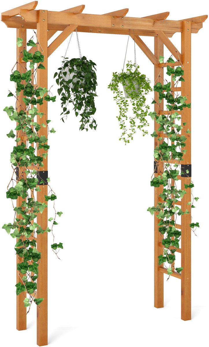 KOMFOTTEU Rozenboog van hout, boog met latwerk en uitgebreid dak, tuinboog, pergola, klimhulp voor klimplanten, bruiloftsboog, klimboog voor tuin, bruiloften en feesten 140 x 60 x 215 cm