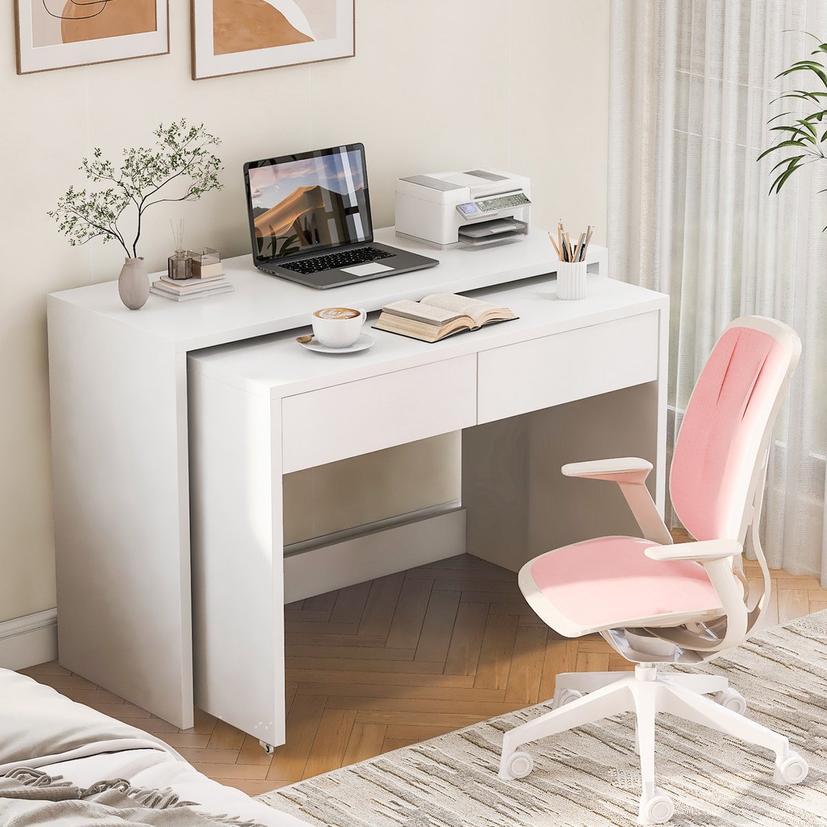 Sweiko 2-in-1-Bureau - 2 lades - Vrij te combineren - Massief houten blad - Met wielen - Wit