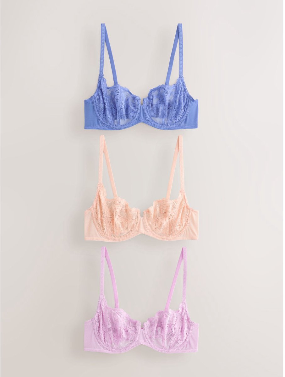Next Dames - Set van 3 kanten balkonbeha's zonder vulling - Roze Mauve/Peach/Blue