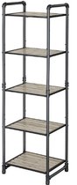 Zwarte, metalen rekkenkast met 5 houten planken.