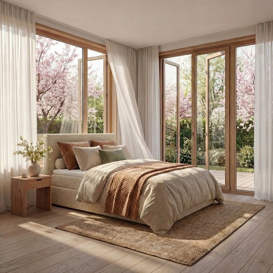 Mörgenn Boxspring Lounge - Pocketvering - Luxe Topper - Teddy Beige - 120x200 cm - Inclusief Dekbed en Kussens