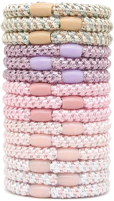 Stapel van 10 haar elastiekjes in pastelkleuren met beige, paarse en roze tinten, elk met een gladde kunststof sluiting.