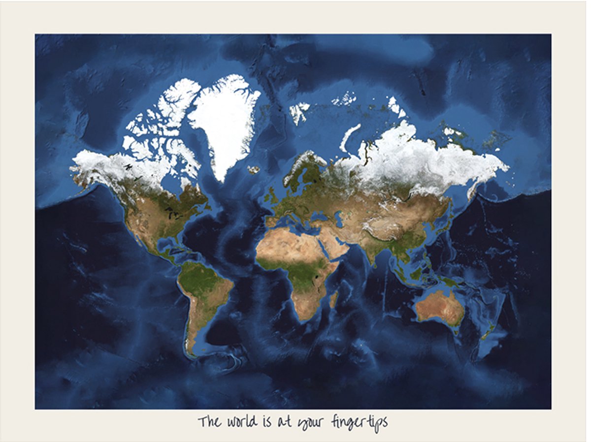 Wereldkaart 40x30 cm - Aluminium - Voelbaar 3D Reliëf - Gebroken Wit - World map - World at your Fingertips - Vintage - Retro - Muurdecoratie - Wanddecoratie