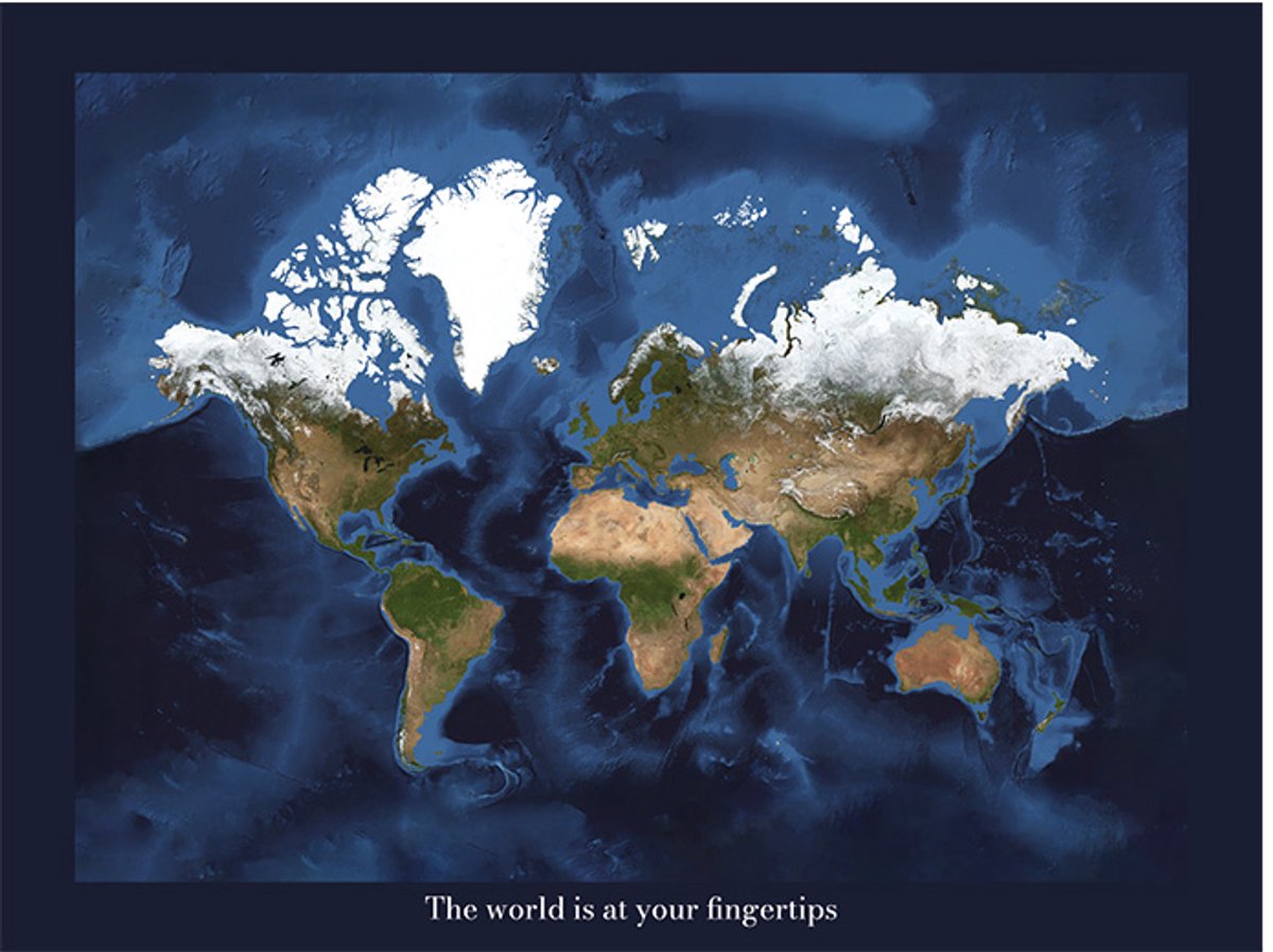 Wereldkaart 40x30 cm - Aluminium - Voelbaar 3D Reliëf - Donkerblauw - World map - World at your Fingertips - Vintage - Retro - Muurdecoratie - Wanddecoratie