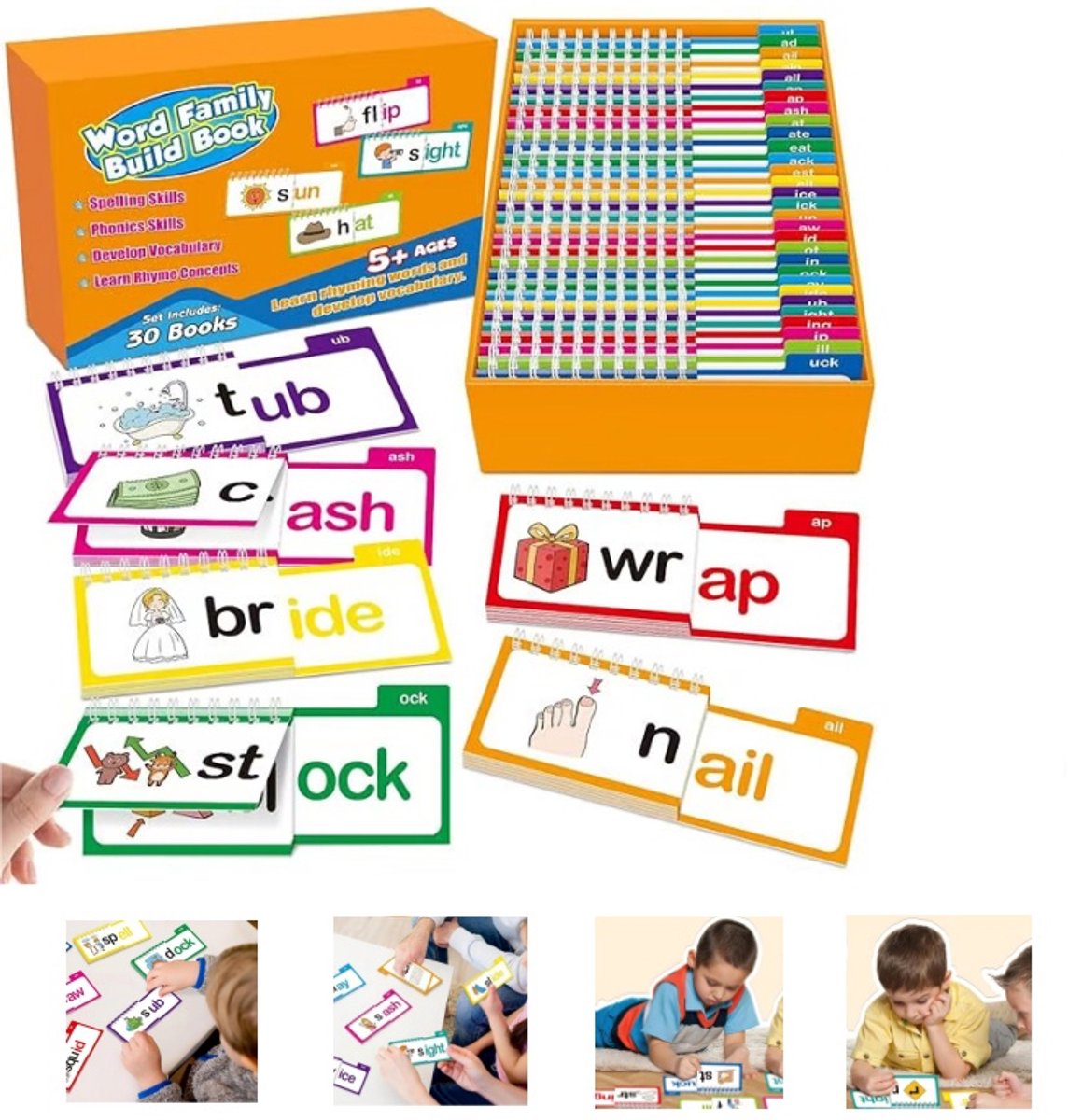 30 Stuks Fonische Flashcards Woordfamilie Flipboek Set - Kinder Sight Words Kaarten, Educatief Leesspel voor Peuters en Kleuters