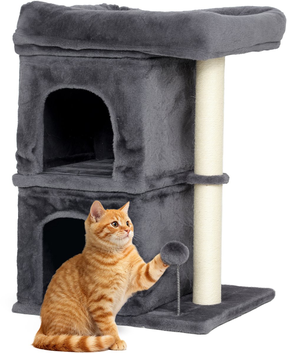 66 cm kleine krabpaal voor grote katten, krabpaal met groot zitplatform, 2 huisjes, sisal krabpaal, speelbal, donkergrijs – foto 2