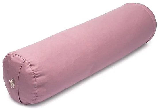 Bolster de yoga lilas et coton bio avec un logo brodé à l'extrémité.