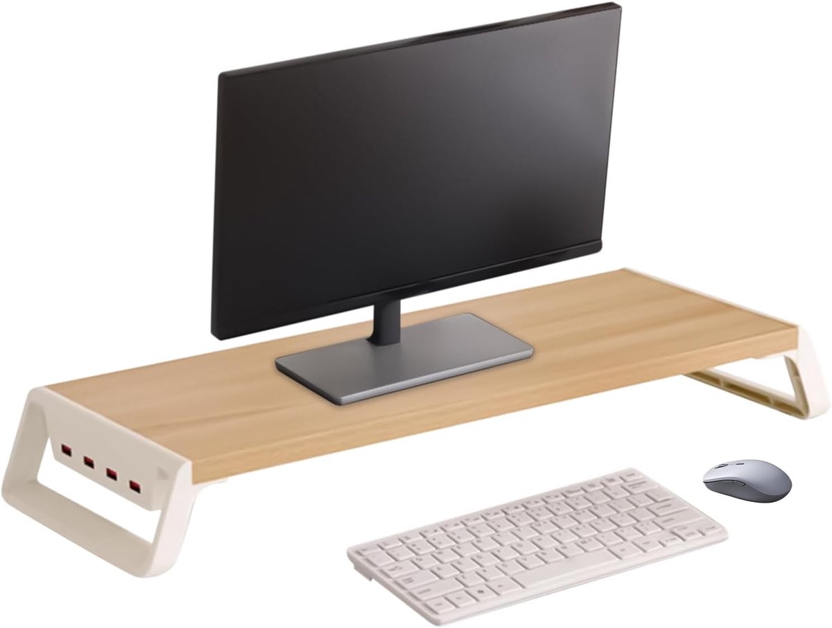 Monitor Verhoger - Bureau Organizer - Thuiswerkplek Inrichten - Met 4 USB Poorten - 50x20x7.5 cm - Hout Wit