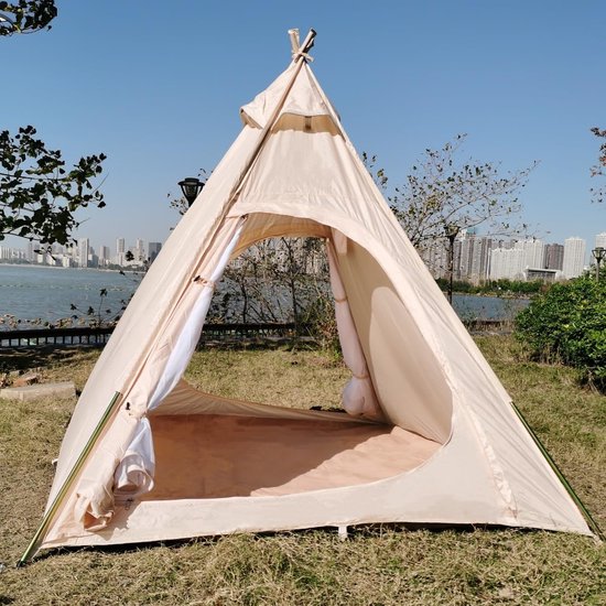 Outdoor Tipi Tent - Piramidetent Familietent - Kamperen en Spelen - Waterdicht 3000mm PU - 215x215x200cm - Beige van OutDoor — afbeelding 5