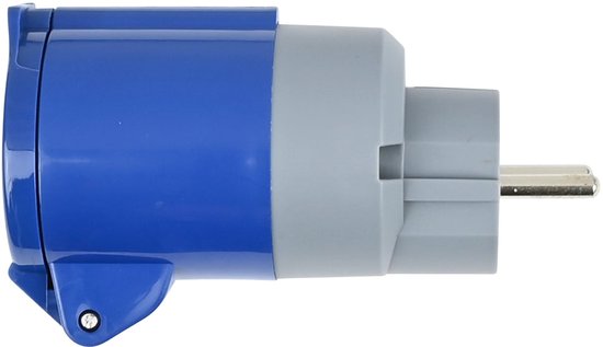 Blauwe en grijze CEE naar Schuko adapter met een enkele pen.