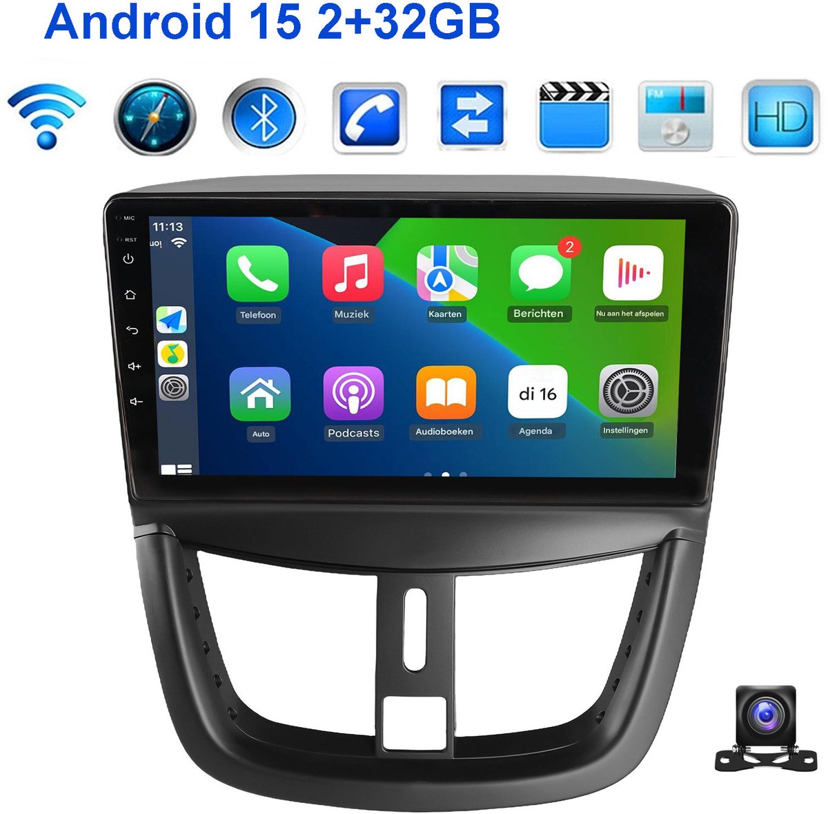 ESSGOO Autoradio Geschikt voor Peugeot 207 2006-2015 - Android 15 - 2 GB+32 GB - GPS-navigatie - Carplay en Android auto - 2005 2006 2007 2008 2009 2010 2011 2012 2013 2014 2015 - Bluetooth FM RDS Wifi - 2 DIN - Achteruitrijcamera