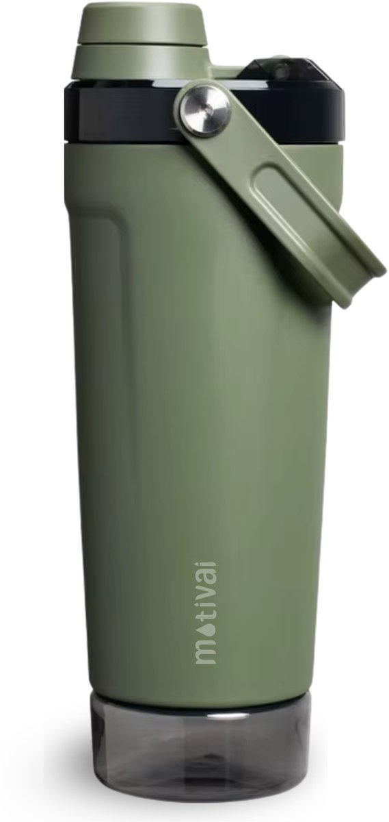 Motivai Prime Shakebeker - RVS - 590ml - Shaker met Poedercompartiment - Dubbelwandige Thermo Shakebeker - Met Shakebal - Groen