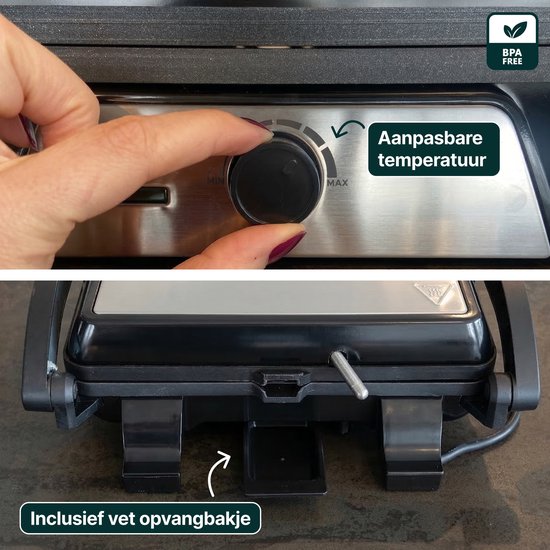 Hand draait aan een knop met de tekst 'Aanpasbare temperatuur'. Onderste deel van de grill met vet opvangbakje.