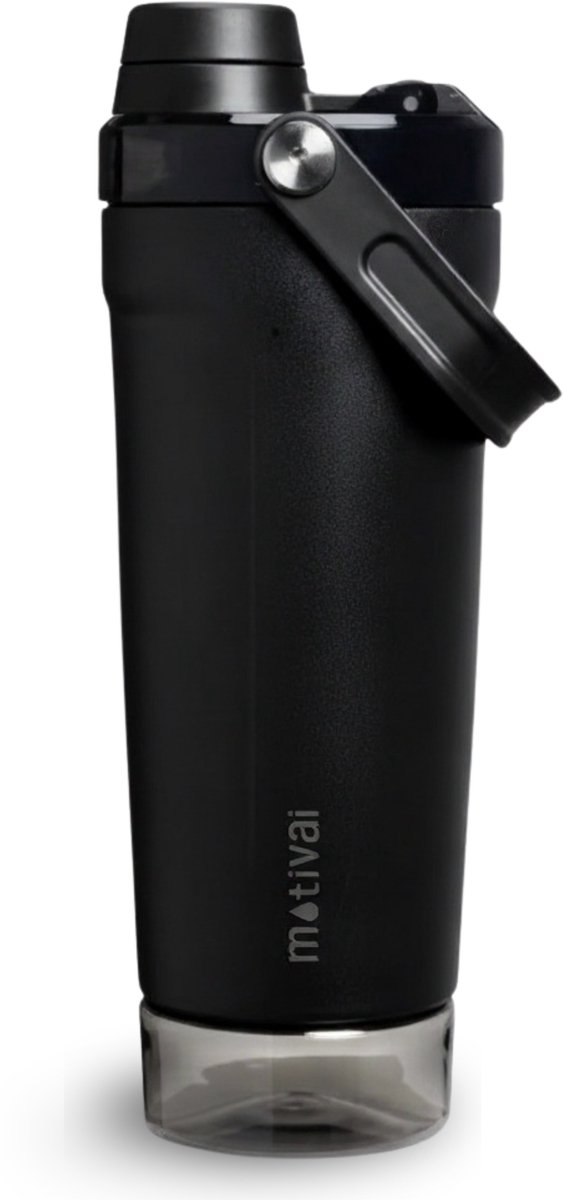 Motivai Prime Shakebeker - RVS - 590ml - Shaker met Poedercompartiment - Dubbelwandige Thermo Shakebeker - Met Shakebal - Zwart