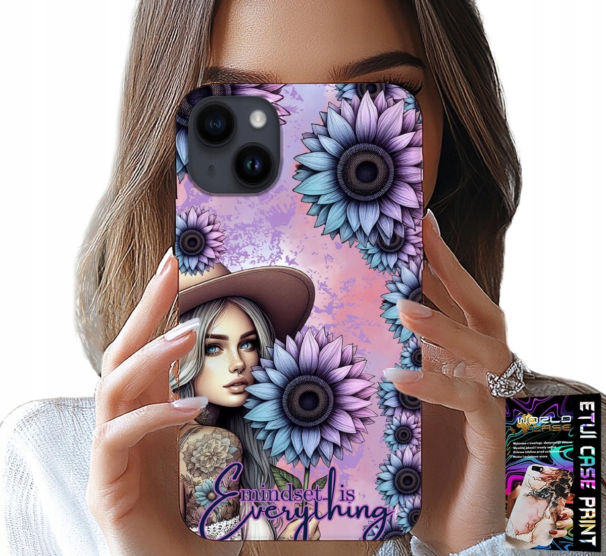 iPhone 14 hoesje - Vrouw in zonnebloemen, vrouwelijke patronen