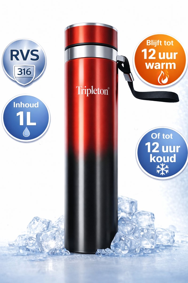 Tripleton® Luxe Thermosfles 1 Liter - RVS Isoleerfles Dubbelwandig - Drinkfles Warm & Koud - Rood/Zwart - 1000ml