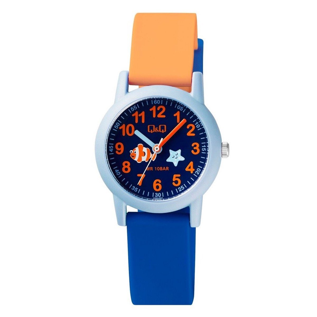 QQ VS49J007Y - Horloge - Analoog - Kinderen - Unisex - Plastic band - Rond - Cijfers - Kunststof - Sport - Blauw - Oranje - Lichtblauw - 10 ATM