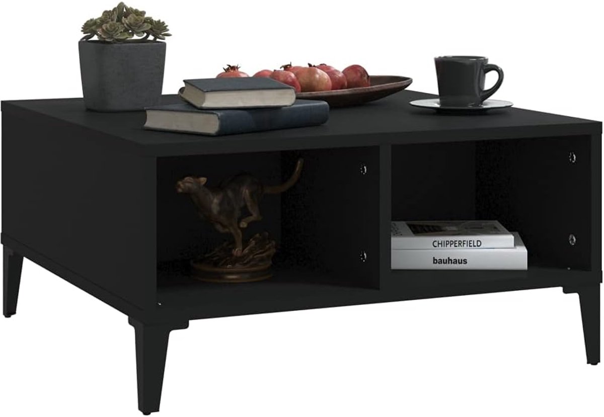 Salontafel Opbergvakken - Middenbureau Woonkamer - Moderne Inrichting - Stevige Metalen Poten - 60 x 60 x 30 cm - Zwart