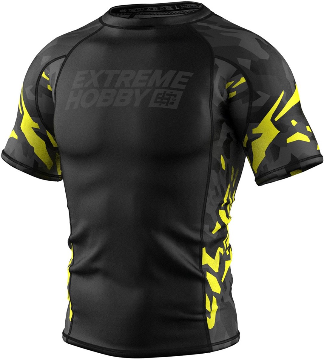 Black Panther 2025 - Rashguard - Korte Mouwen - Compressie Shirt - Zwart-Geel - Maat M